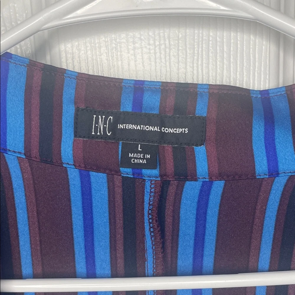 INC International Concepts Blue and Black Striped V-Neck Tie-Waist Blouse